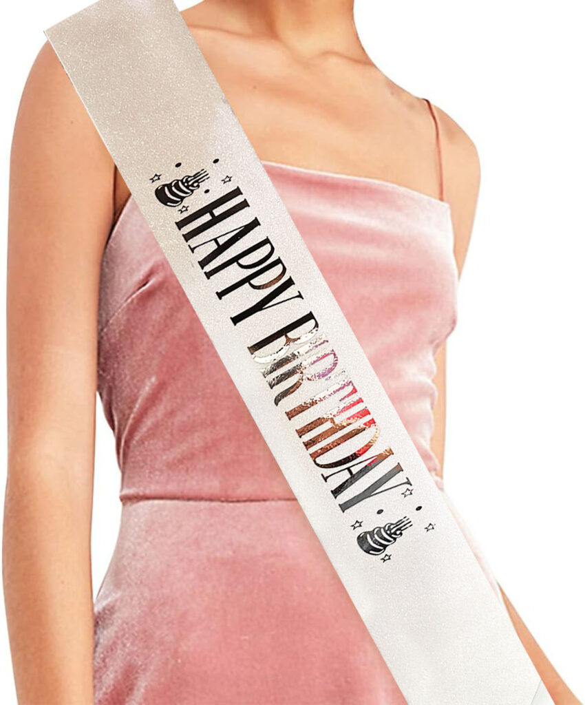 Beyaz Gümüş Happy Birthday Yazılı Simli Kuşak