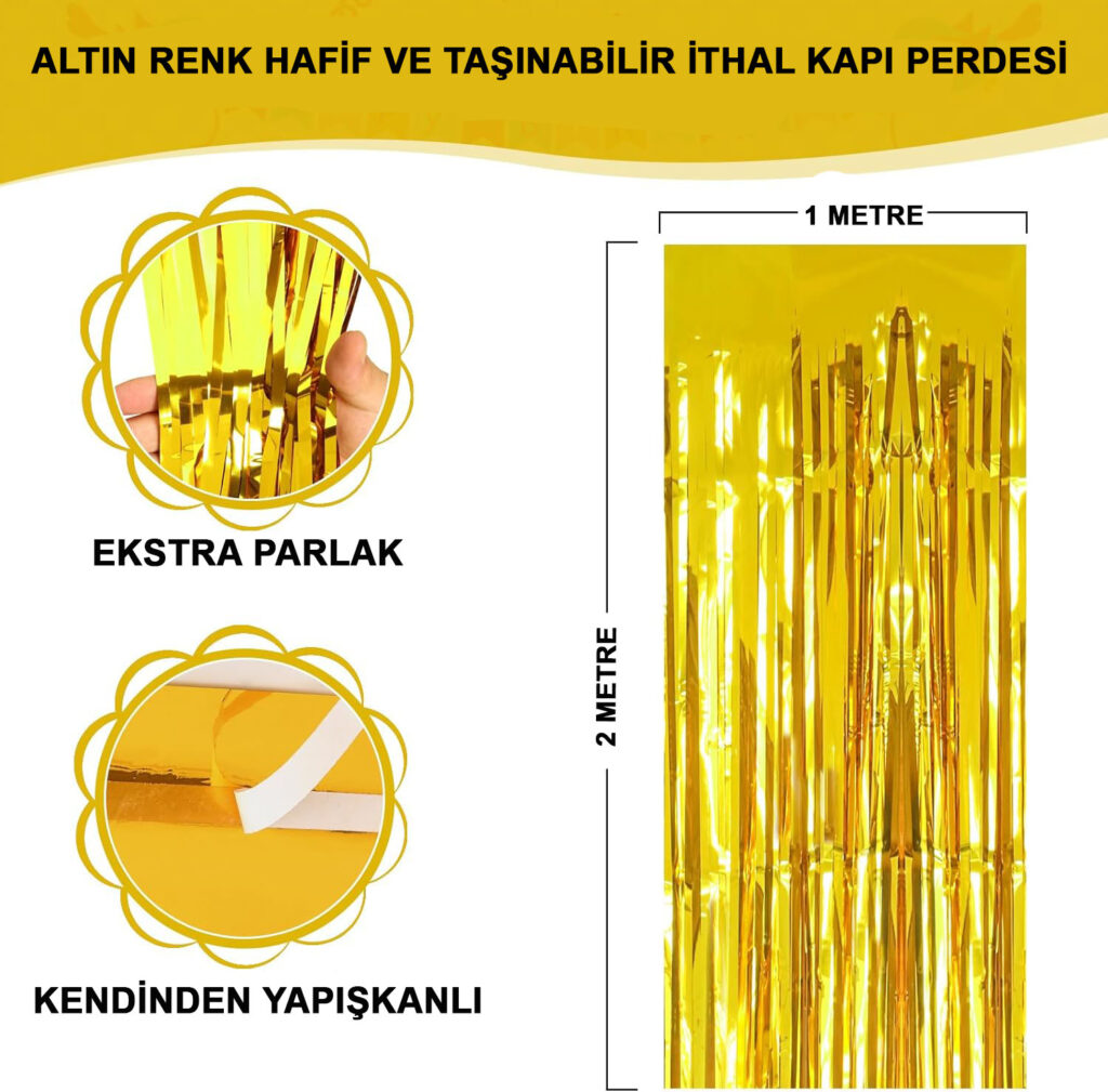 Ekstra Metalize Parlak Saçaklı Arka Fon Perde Gold