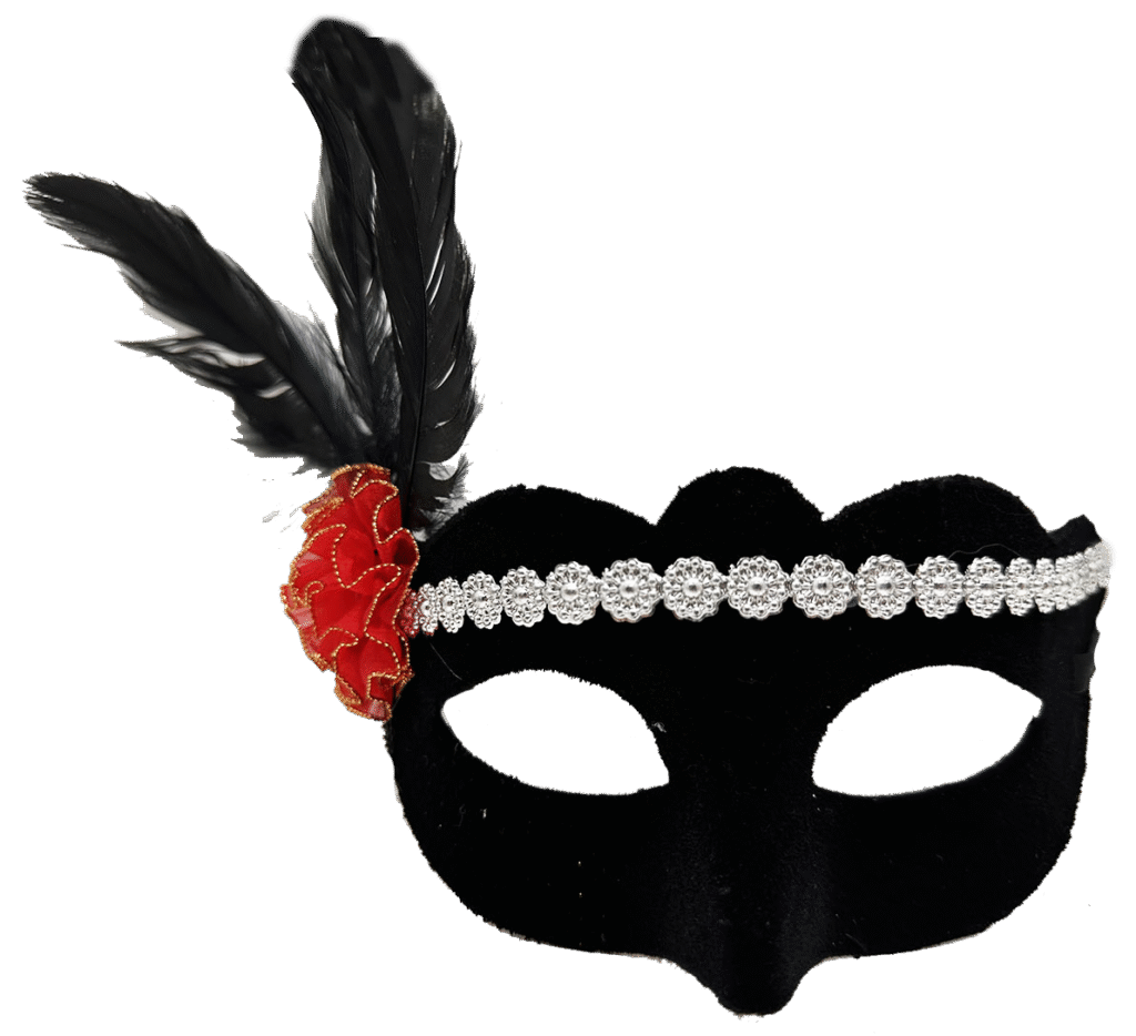 Gümüş Dantelli Kırmızı Gül Tasarımlı Parti Maskesi