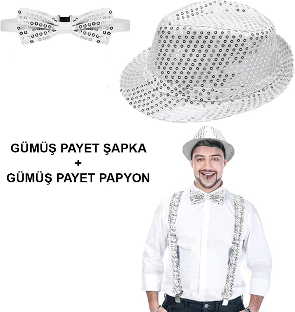 Gümüş Payetli Şapka ve Papyon Seti – Parıltılı Yetişkin Kostüm Seti