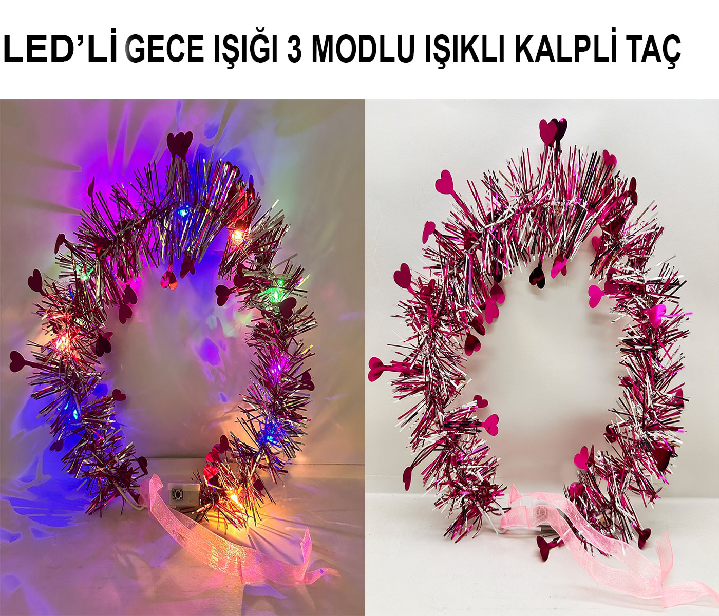 Kalp Püsküllü 3 Modlu LED Işıklı Taç Fuşya Renk Kalp Püsküllü 3 Modlu LED Işıklı Taç Fuşya Renk