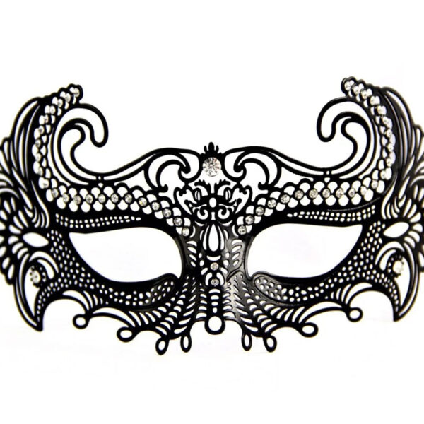Siyah Lazer Kesim Kristal Taşlı Metal Venedik Maskesi