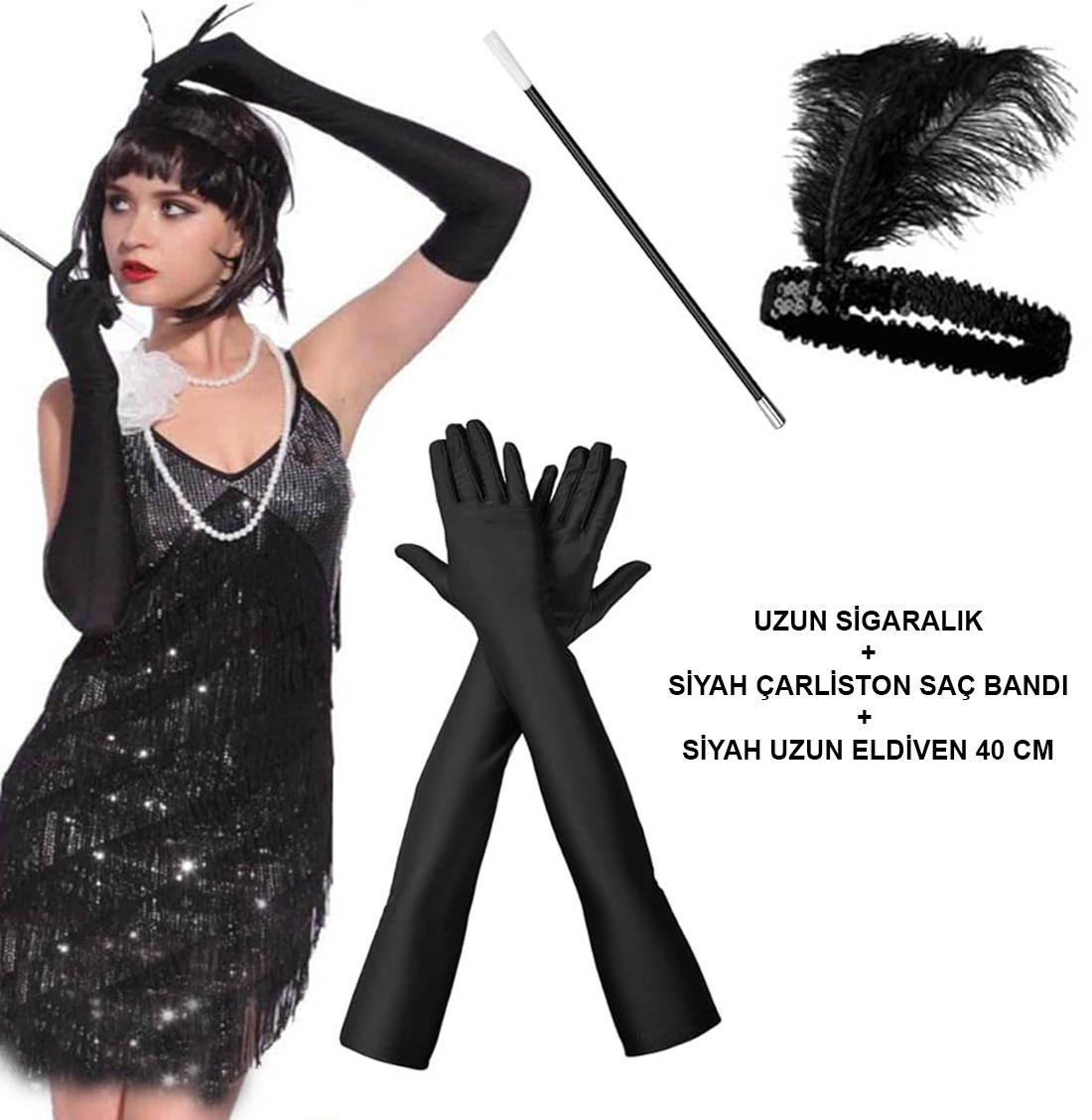 Siyah Retro Charliston Aksesuar Seti Siyah Retro Charliston Aksesuar Seti