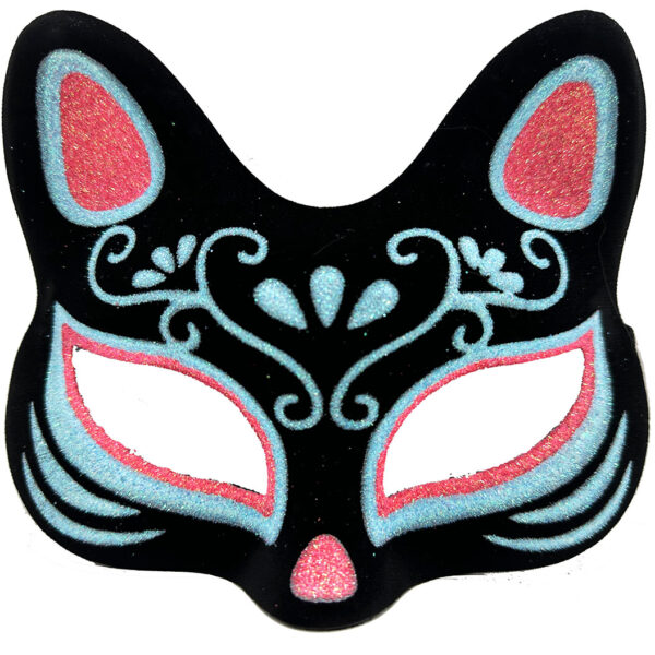 Siyah Süet Mavi Kırmızı Simli Kedi Maskesi